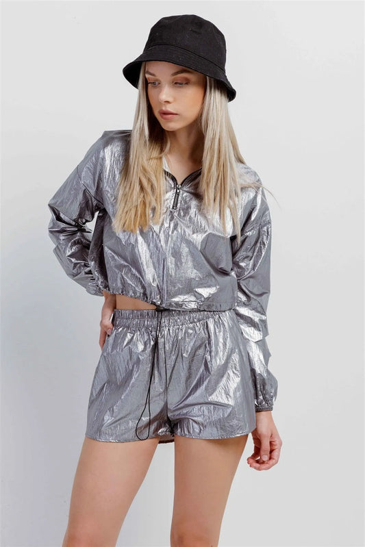 Silver Metallic Lightweight Drawstring Crop Top & Shorts Set /3-2-1 - Tasha Apparel Wholesale