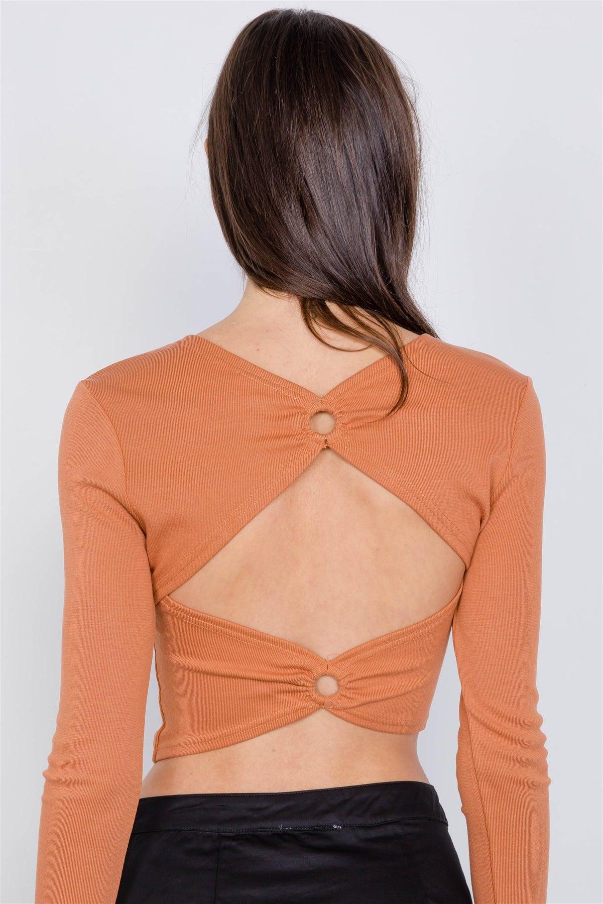 Sand Cotton Open Back Cut Out Long Sleeve Crop Top /3-2-1