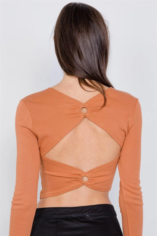 Sand Cotton Open Back Cut Out Long Sleeve Crop Top /3-2-1 - Tasha Apparel Wholesale