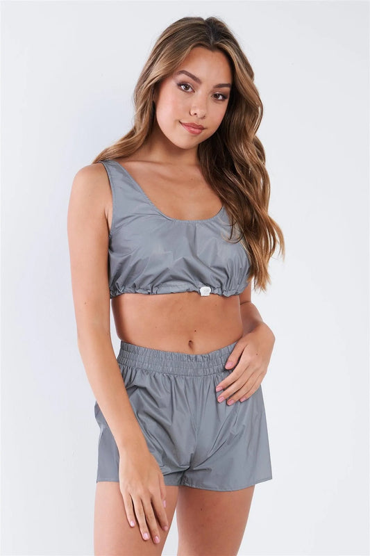 Grey Reflective Windbreaker Fabric Drawcord Bra Top And Shorts Set /3-2-1 - Tasha Apparel Wholesale