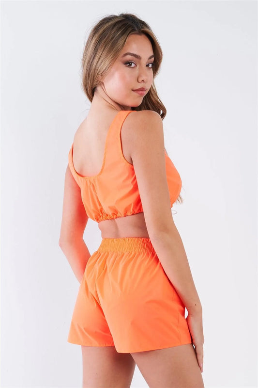 Neon Orange Windbreaker Fabric Drawcord Bra Top And Shorts Set /3-2-1 - Tasha Apparel Wholesale