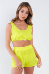 Neon Yellow Windbreaker Fabric Drawcord Bra Top And Shorts Set /3-2-1