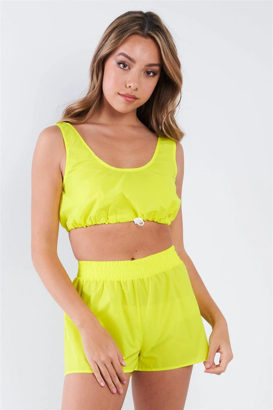 Neon Yellow Windbreaker Fabric Drawcord Bra Top And Shorts Set /3-2-1 - Tasha Apparel Wholesale