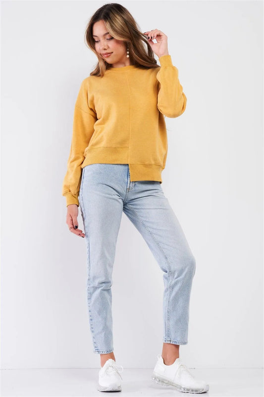 Deep Yellow Relaxed Fit Long Sleeve Ribbed Crew Neck Sweatshirt /3-2-1 - Tasha Apparel Wholesale