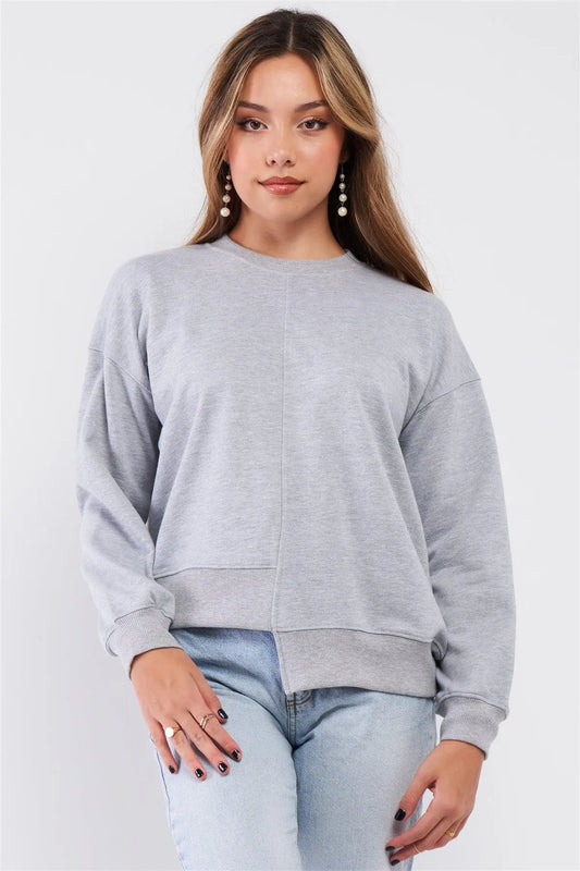 Heather Grey Relaxed Fit Long Sleeve Ribbed Crew Neck Sweatshirt /3-2-1 - Tasha Apparel Wholesale
