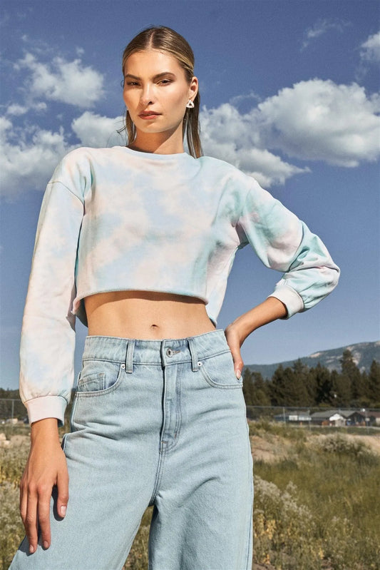 Up In The Clouds Blue Multicolor Tie-Dye Long Sleeve Crop Sweatshirt /1-2-1 - Tasha Apparel Wholesale