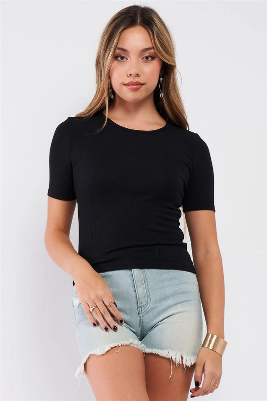 Black Light Ribbed Crew Neck Short Sleeve Basic Tee /2-2-1 - Tasha Apparel Wholesale