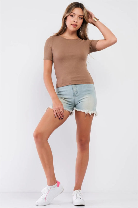 Mocha Light Ribbed Crew Neck Short Sleeve Basic Tee /2-2-1 - Tasha Apparel Wholesale