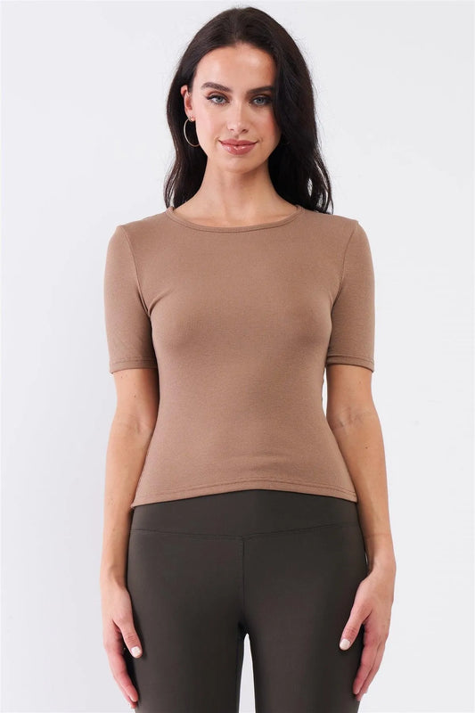 Mocha Light Ribbed Crew Neck Short Sleeve Basic Tee /3-2-1 - Tasha Apparel Wholesale