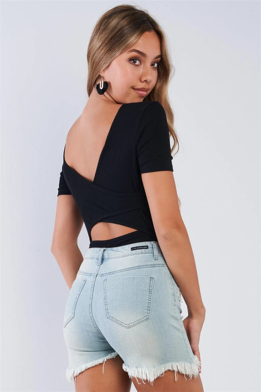 Black Backside Cut Out Short Sleeve Bodysuit /3-2-1 - Tasha Apparel Wholesale