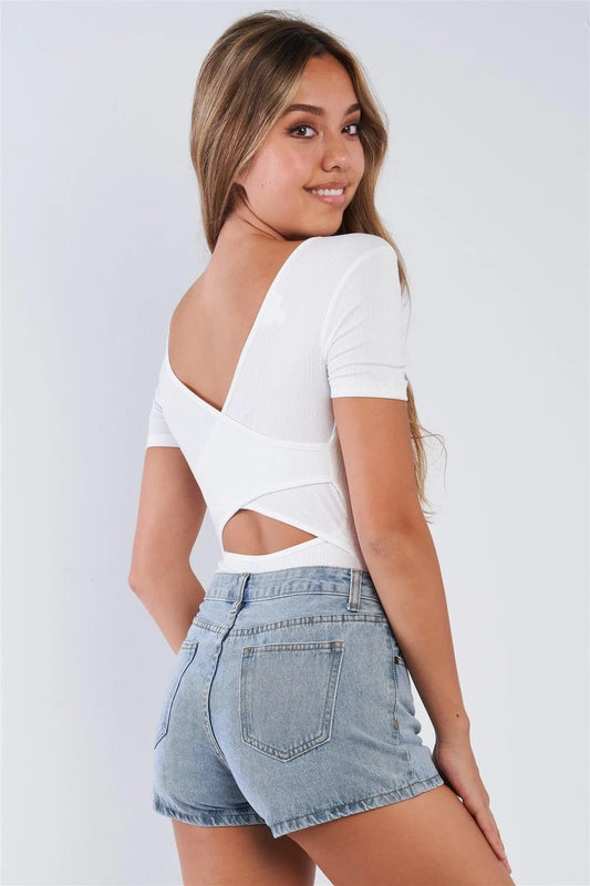 White Backside Cut Out Short Sleeve Bodysuit - Tasha Apparel Wholesale