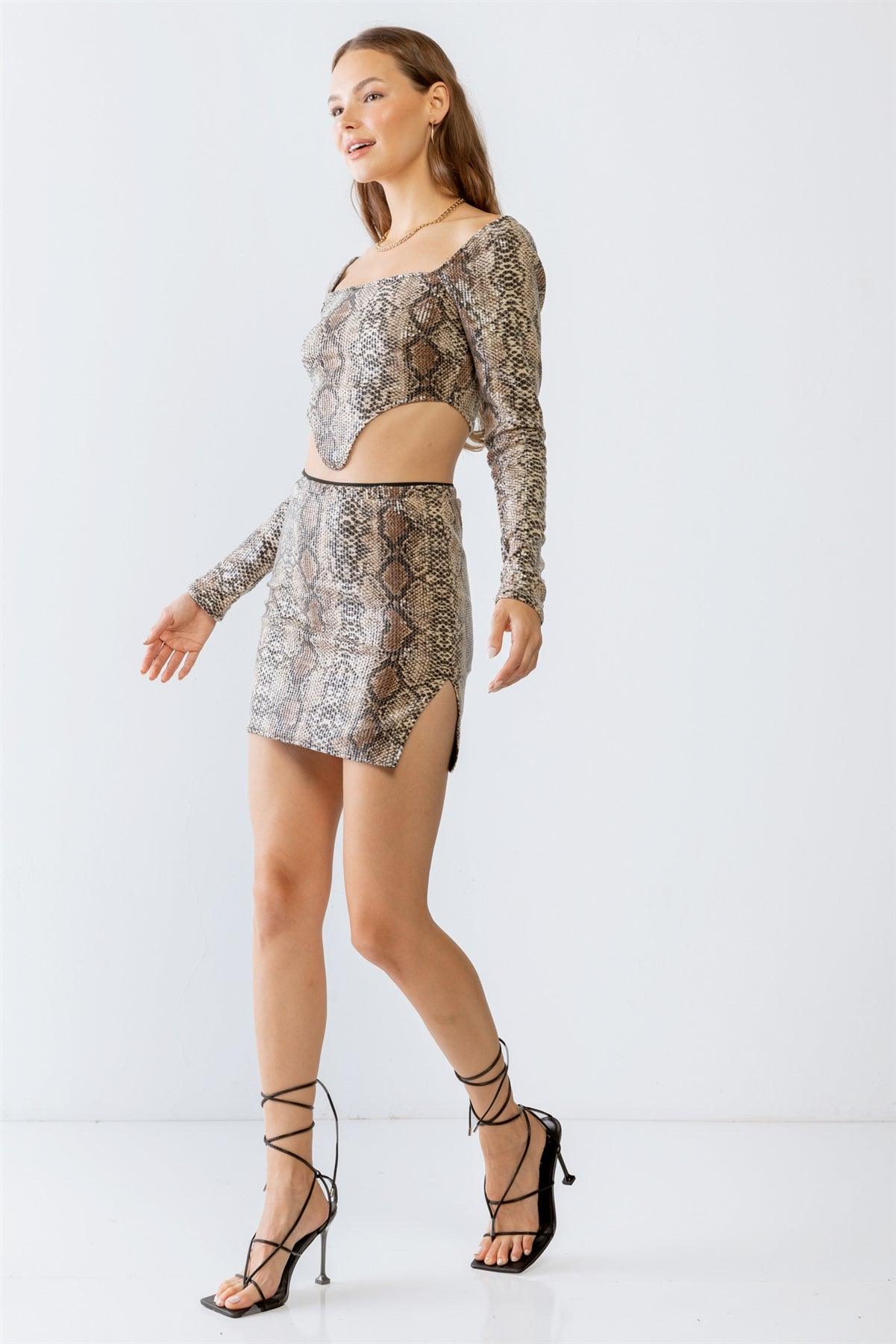 Brown Multi Snake Print Sequin Triangle Hem Crop Top & Mini Skirt Set /2-2-2