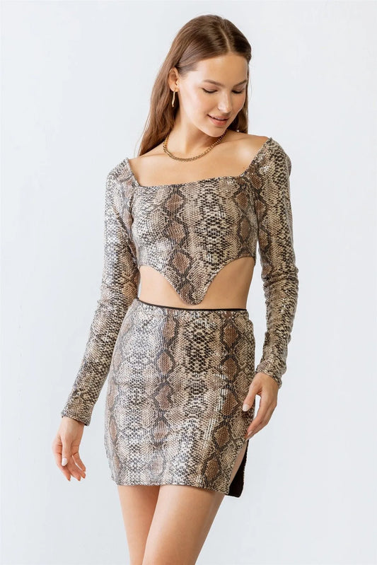 Brown Multi Snake Print Sequin Triangle Hem Crop Top & Mini Skirt Set /3-2-1 - Tasha Apparel Wholesale