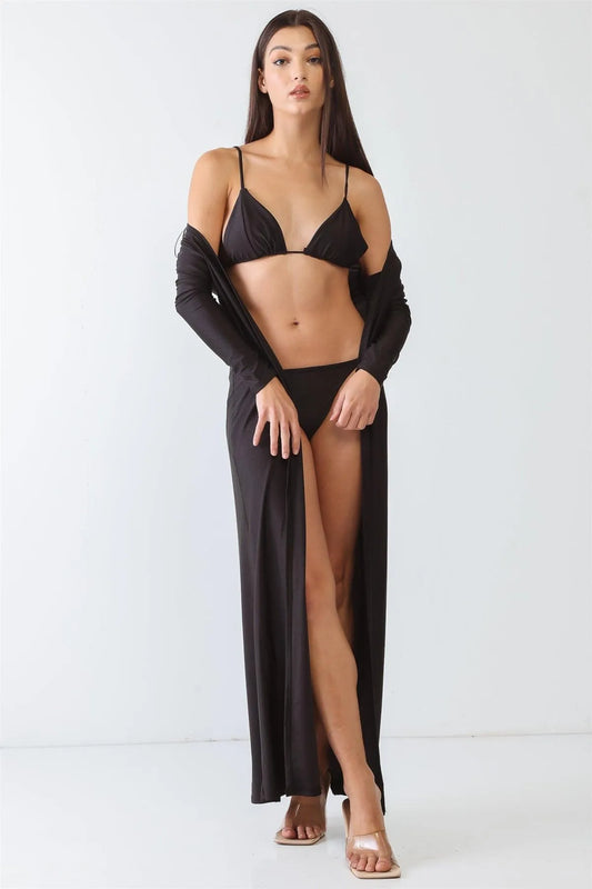 Black Satin Triangle Top & Self-Tie Thong & Long Sleeve Maxi Cover-Up Set /3-2-1 - Tasha Apparel Wholesale