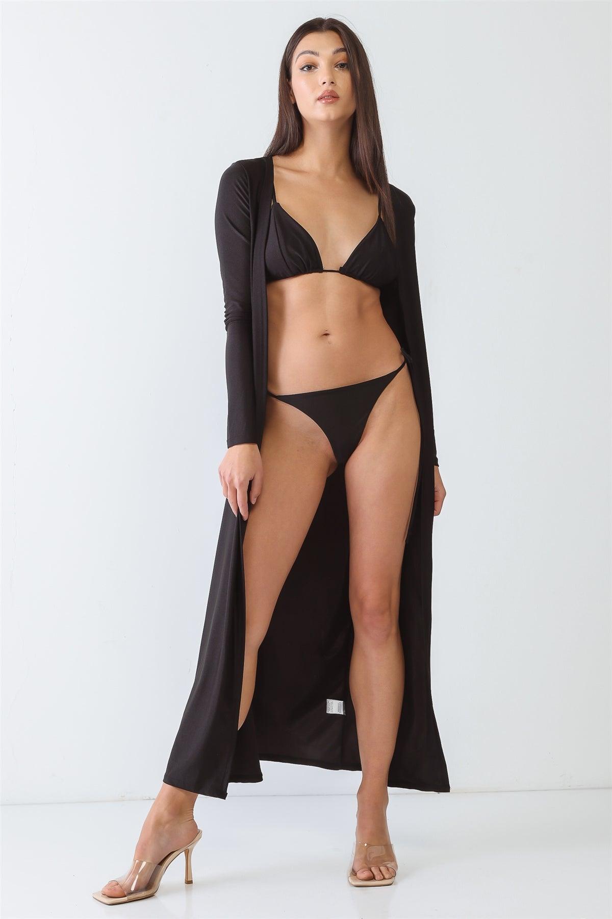 Black Satin Triangle Top & Self-Tie Thong & Long Sleeve Maxi Cover-Up Set /3-2-1