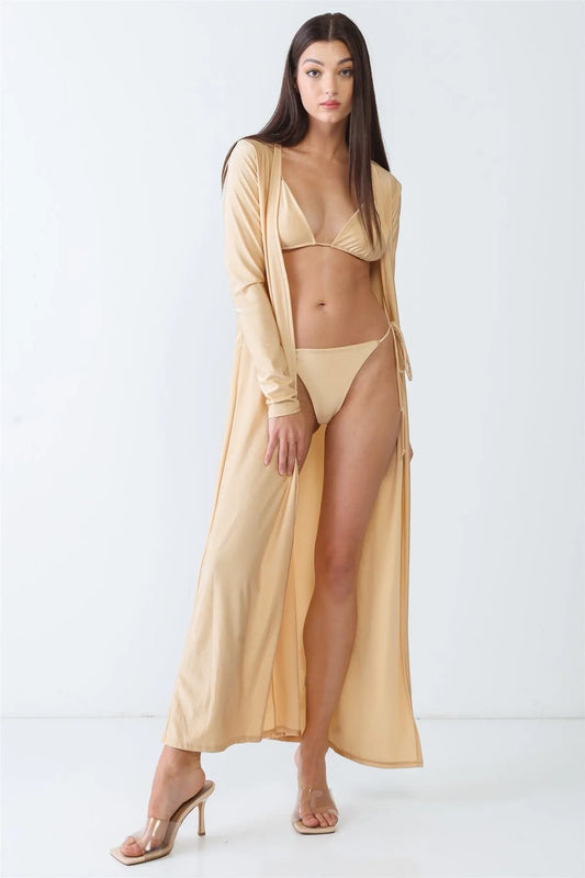 Gold Satin Triangle Top & Self-Tie Thong & Long Sleeve Maxi Cover-Up Set /3-2-1 - Tasha Apparel Wholesale