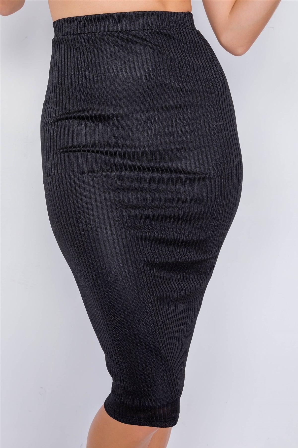 Black Ribbed Square Neck Crop Top & Mini Bodycon Skirt Set /3-2-1