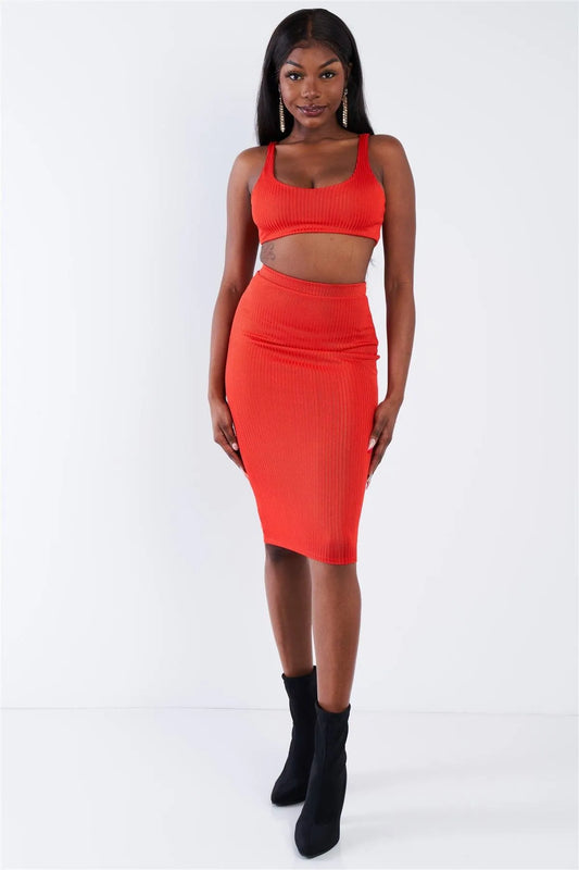 Orange Ribbed Square Neck Crop Top & Mini Bodycon Skirt Set /3-2-1 - Tasha Apparel Wholesale