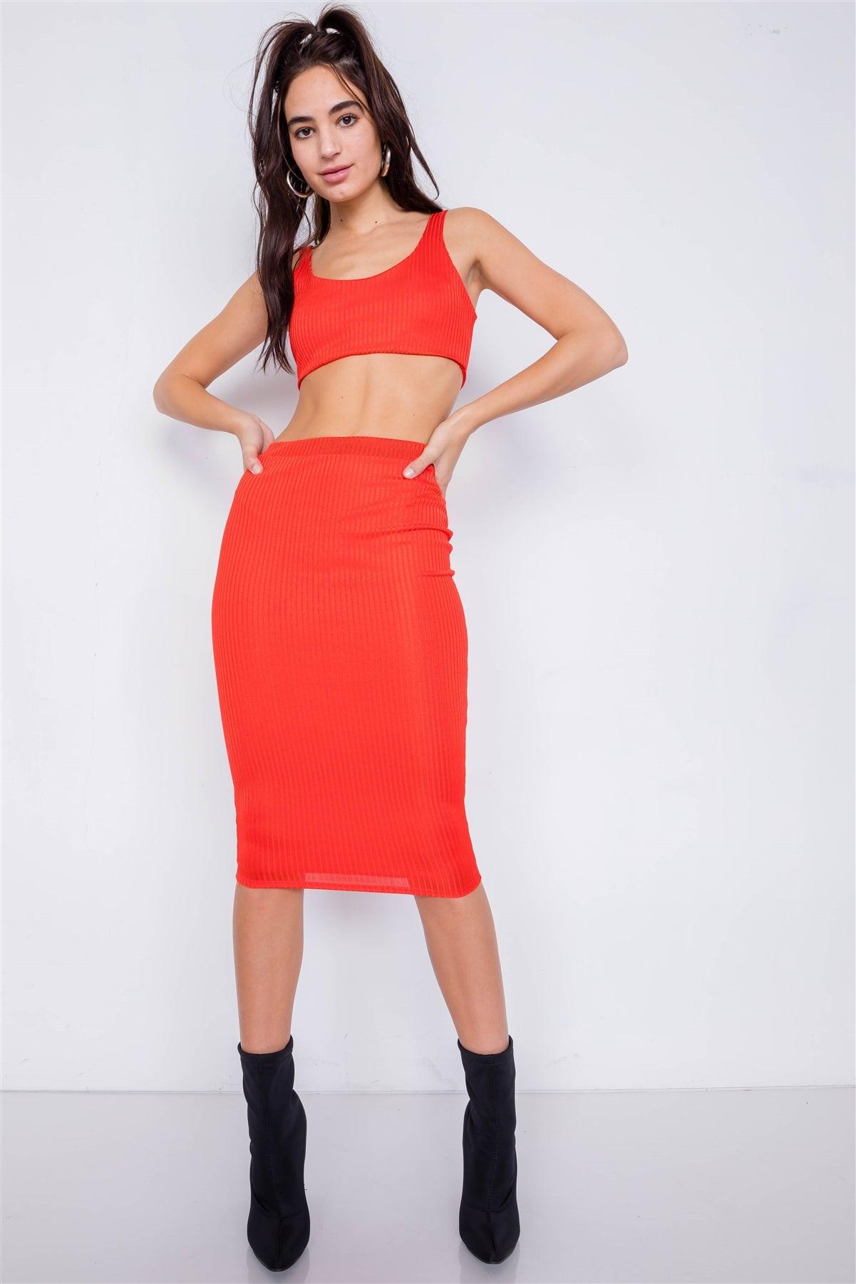 Orange Ribbed Square Neck Crop Top & Mini Bodycon Skirt Set /3-2-1