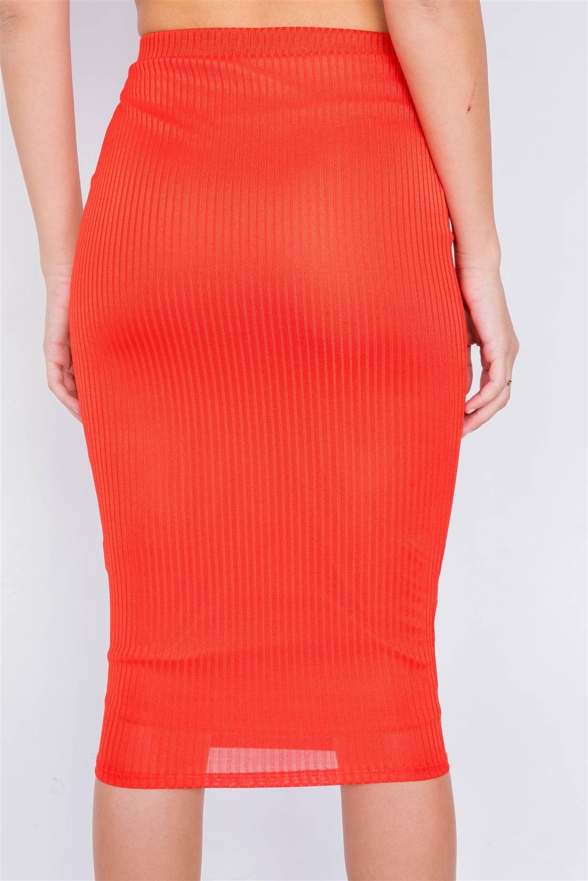 Orange Ribbed Square Neck Crop Top & Mini Bodycon Skirt Set /3-2-1