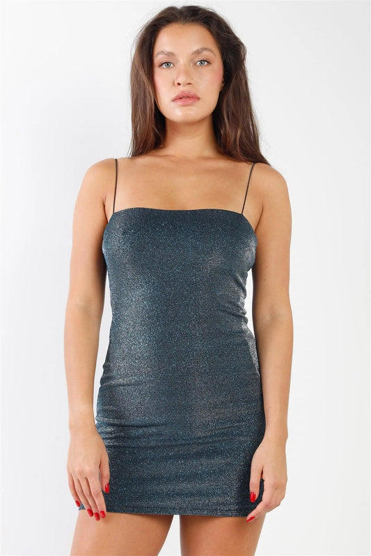 Teal Sparkly Metallic Silver & Black Sleeveless Mini Dress /2-2-1 - Tasha Apparel Wholesale