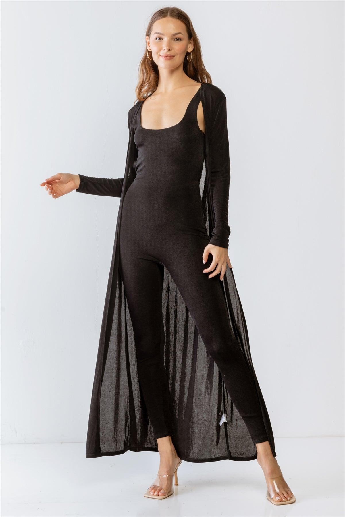 Black Sleeveless Cut-Out Detail Slim Fit Jumpsuit & Open Front Long Sleeve Cardigan Set /3-2-1