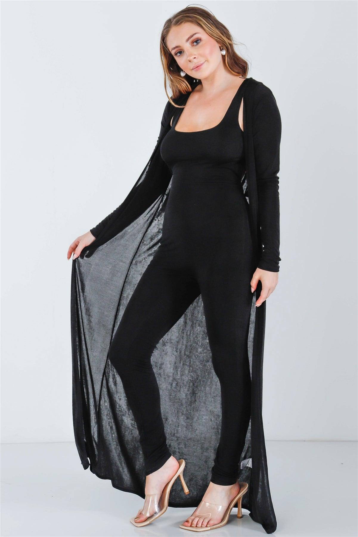 Black Sleeveless Cut-Out Detail Slim Fit Jumpsuit & Open Front Long Sleeve Cardigan Set /3-2-1