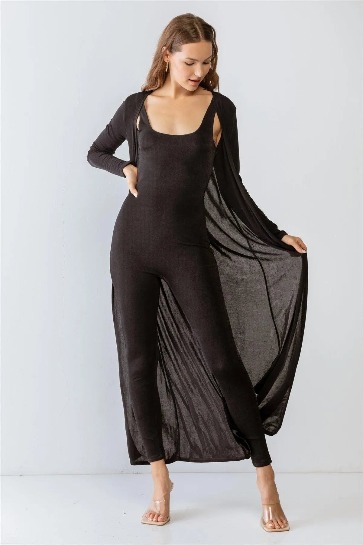 Cut-Out Slim Fit Jumpsuit & Long Sleeve Cardigan Set - Tasha Apparel Wholesale