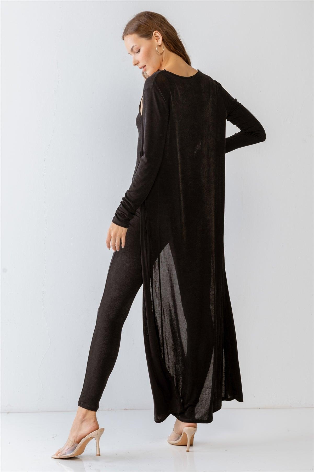 Black Sleeveless Cut-Out Detail Slim Fit Jumpsuit & Open Front Long Sleeve Cardigan Set /4-2-1