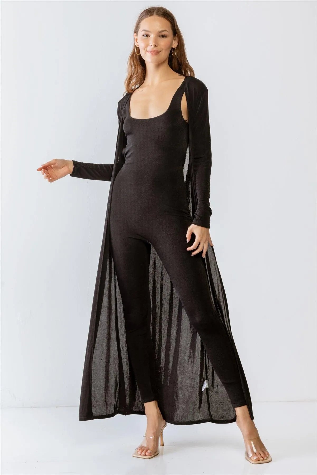Cut-Out Slim Fit Jumpsuit & Long Sleeve Cardigan Set - Tasha Apparel Wholesale