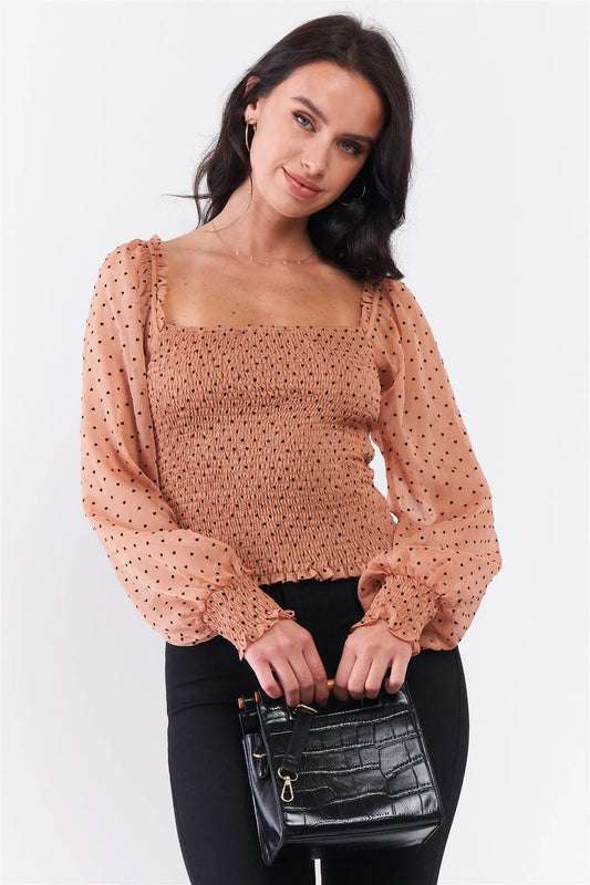 Caramel Drizzle Heart Polka Dot Print Mesh Balloon Sleeve Frill Square Neck Smock Top /3-2-1 - Tasha Apparel Wholesale