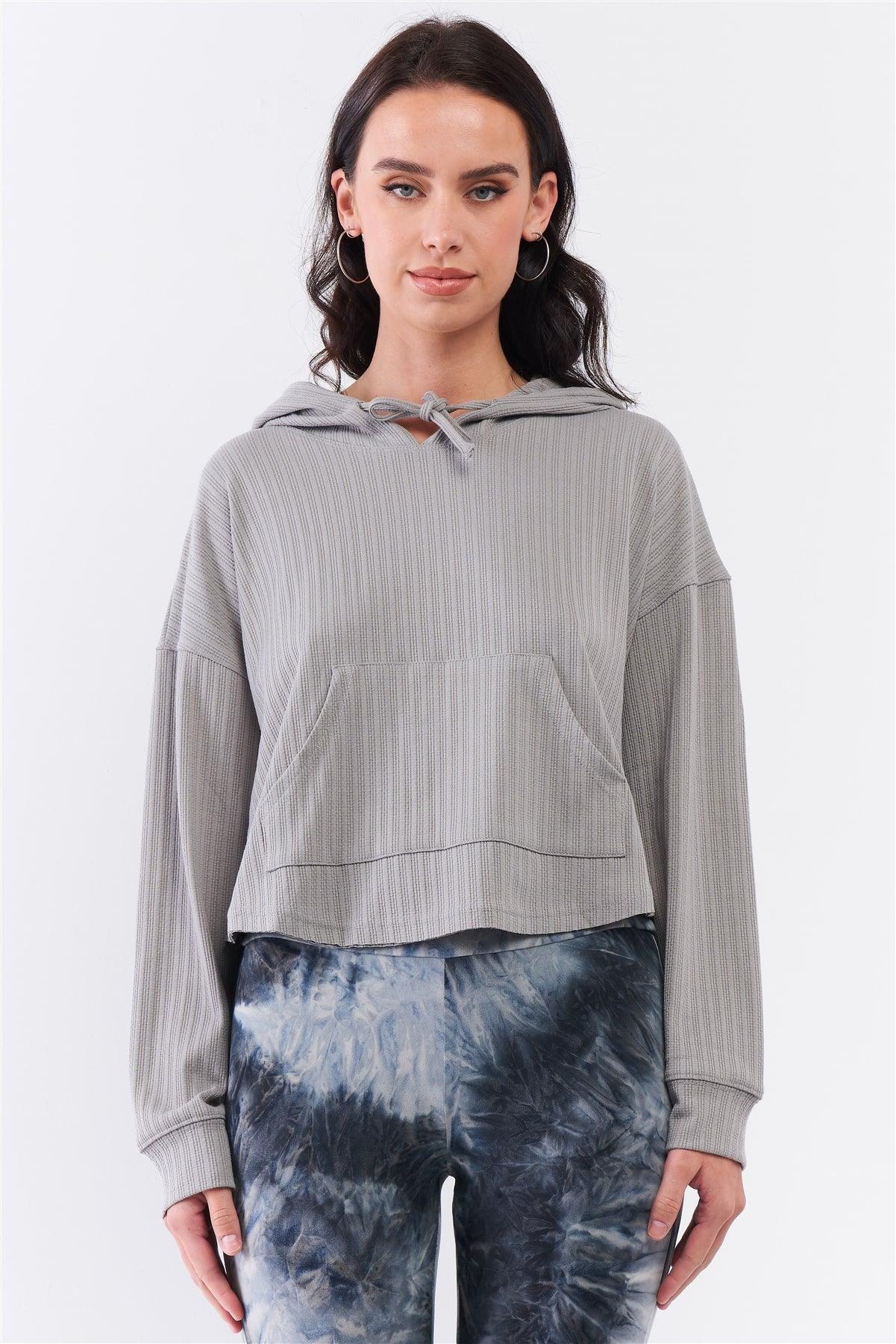 Stone Grey Knit Long Sleeve Kangaroo Pocket Detail Hooded Sweatshirt /3-2-1