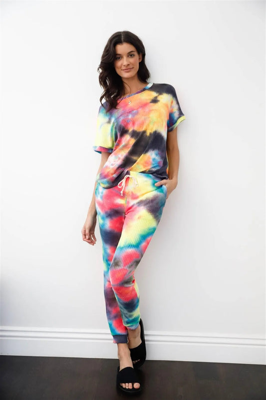 Rainbow Tie-Dye Waffle Loose T-Shirt & Sweatpants Set /1-1-1 - Tasha Apparel Wholesale
