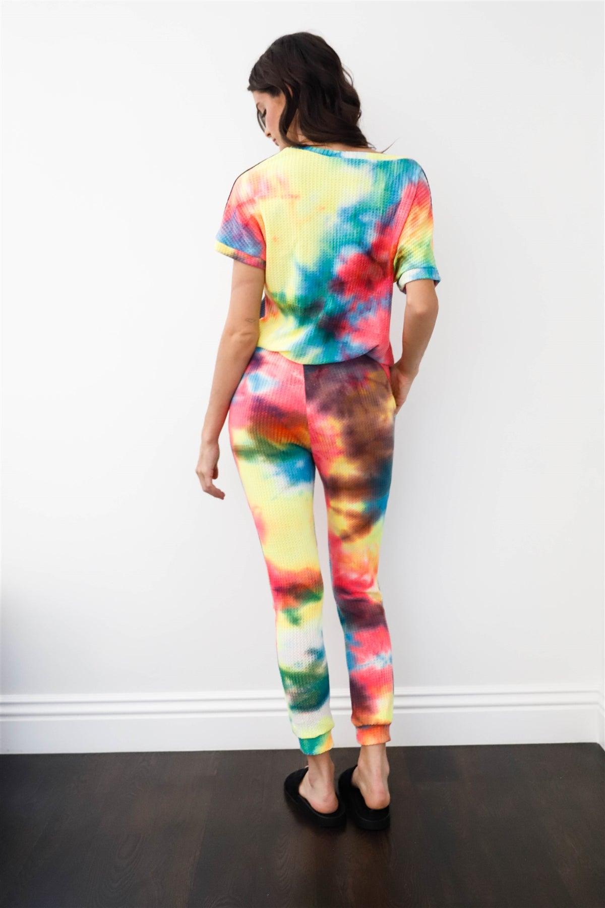 Rainbow Tie-Dye Waffle Loose T-Shirt & Sweatpants Set /1-1-1