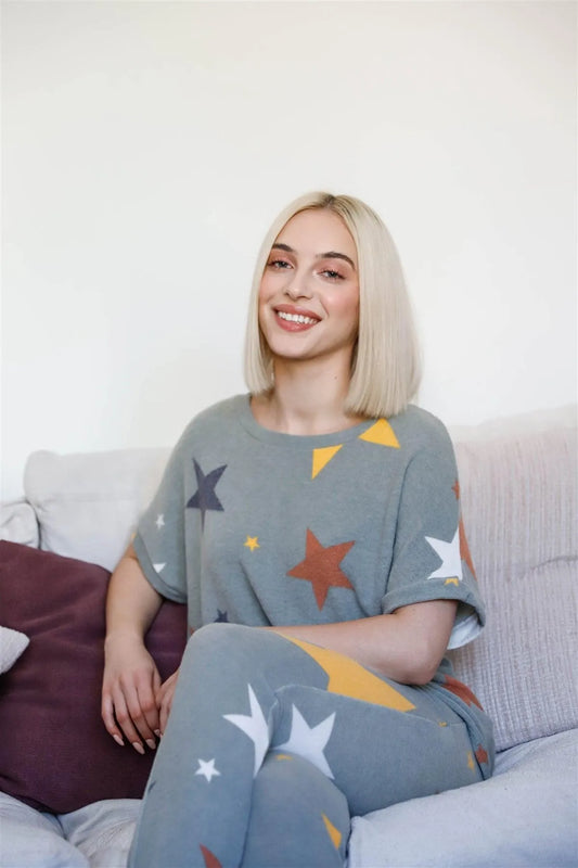Sage Star Print Flannel Loose T-Shirt & Sweatpants Set /1-1-1 - Tasha Apparel Wholesale