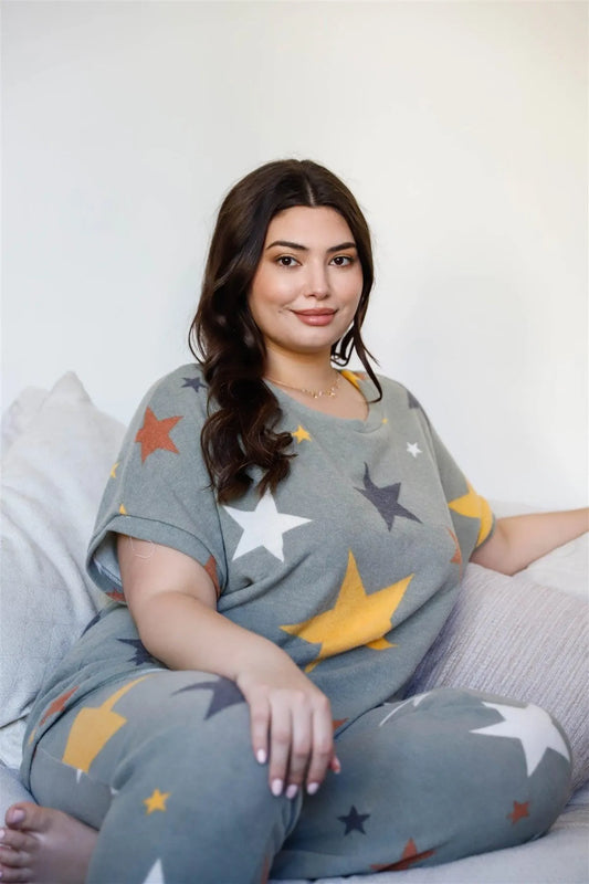 Junior Plus Sage Star Print Flannel Loose T-Shirt & Sweatpants Set /1-1-1 - Tasha Apparel Wholesale