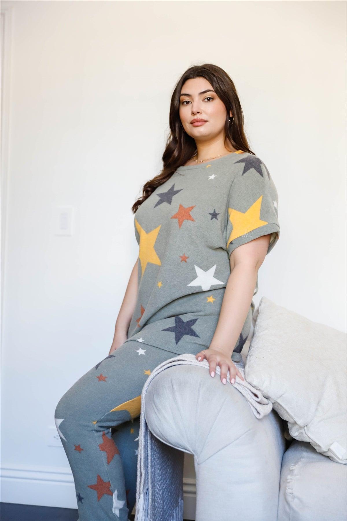 Junior Plus Sage Star Print Flannel Loose T-Shirt & Sweatpants Set /1-1-1