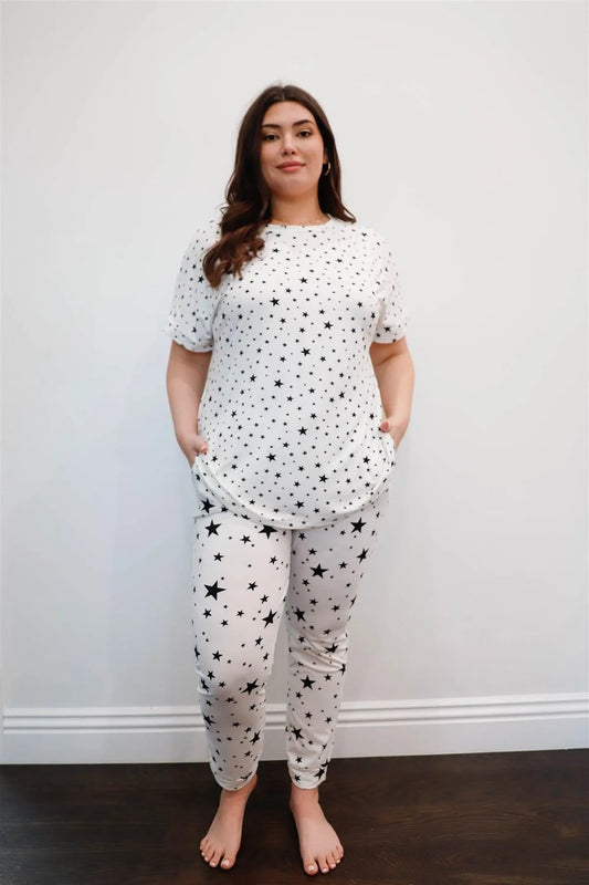 White Star Print Loose T-Shirt & Sweatpants Set /1-1-1 - Tasha Apparel Wholesale