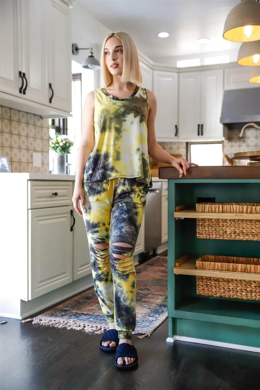 Black & Yellow Tie-Dye Tank Top & Ripped Sweatpants Set - Tasha Apparel Wholesale