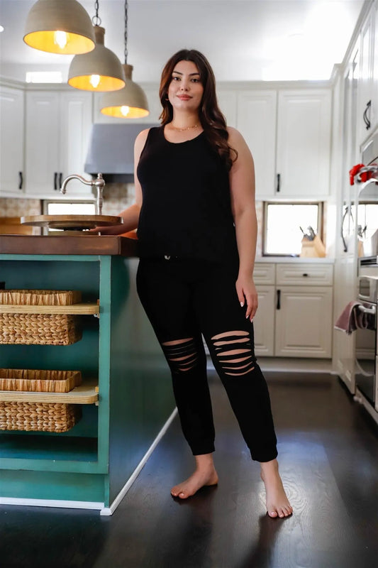 Junior Plus Black Tank Top & Ripped Detail Sweatpants Set - Tasha Apparel Wholesale