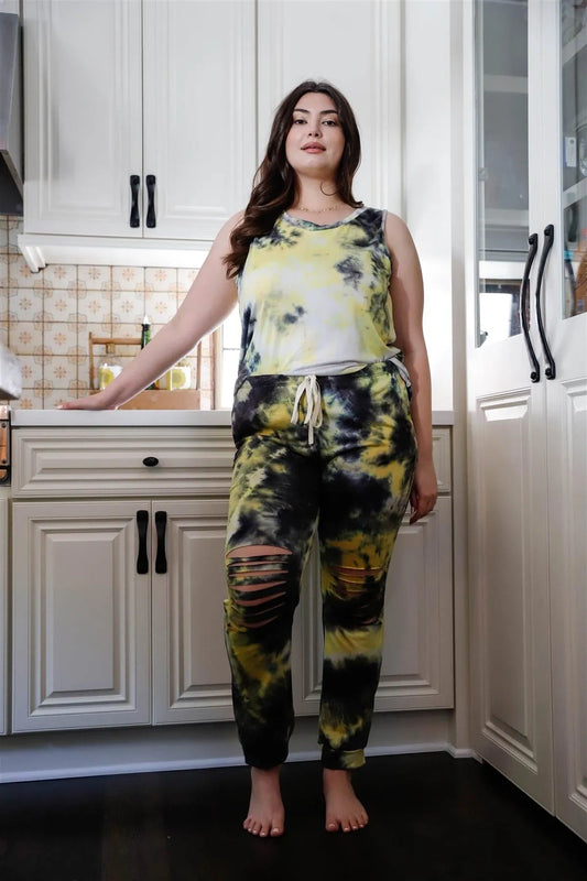 Junior Plus Black & Yellow Tie-Dye Tank Top & Ripped Sweatpants Set - Tasha Apparel Wholesale