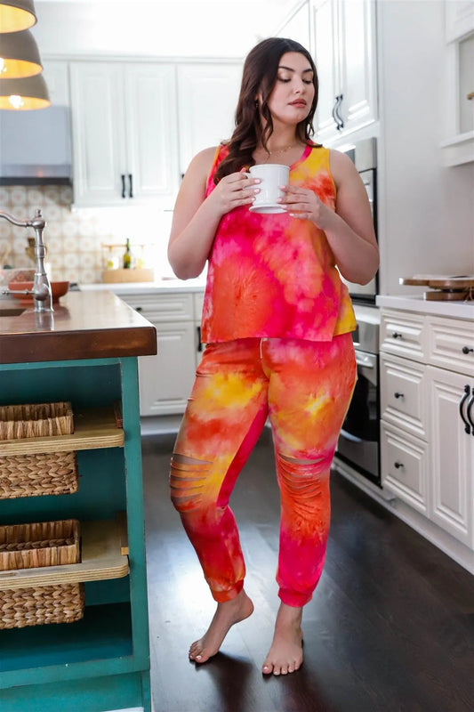 Junior Plus Hot Pink Tie-Dye Tank Top & Ripped Sweatpants Set - Tasha Apparel Wholesale