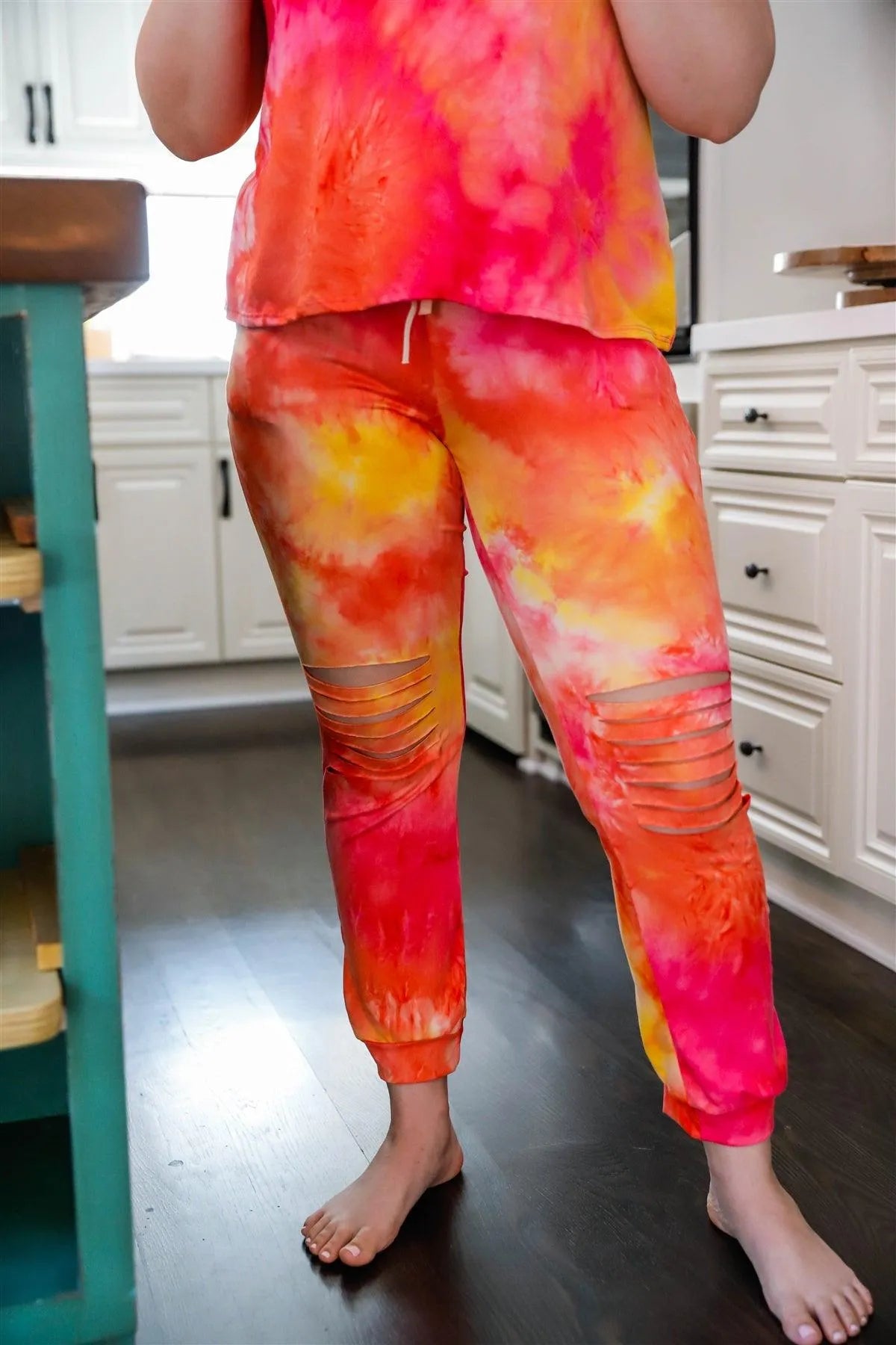 Junior Plus Hot Pink Tie-Dye Tank Top & Ripped Sweatpants Set - Tasha Apparel Wholesale