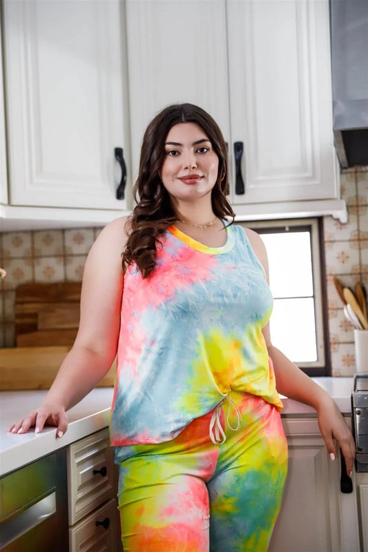 Junior Plus Neon Pink & Yellow Tie-Dye Tank Top & Ripped Sweatpants Set /1-1-1 - Tasha Apparel Wholesale