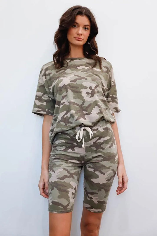Moss Camouflage Short Sleeve Crewneck T-Shirt & Biker Shorts Set - Tasha Apparel Wholesale