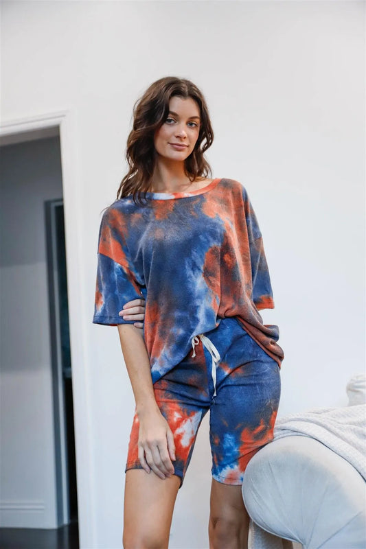 Navy Rust Tie-Dye Waffle-Knit Crewneck T-Shirt & Biker Shorts Set /1-1-1 - Tasha Apparel Wholesale