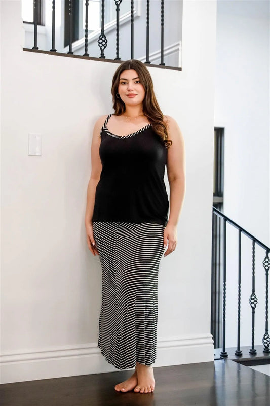 Junior Plus Black Striped V-Neck Top & Maxi Skirt Set /1-1-1 - Tasha Apparel Wholesale