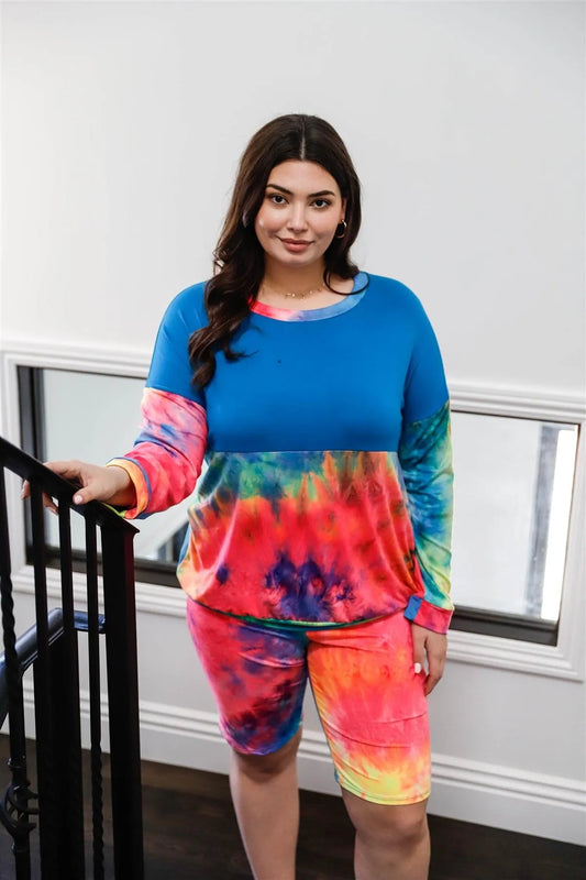 Junior Plus Blue Neon Rainbow Tie-Dye Colorblock Long Sleeve Top & Biker Shorts Set /1-1-1 - Tasha Apparel Wholesale