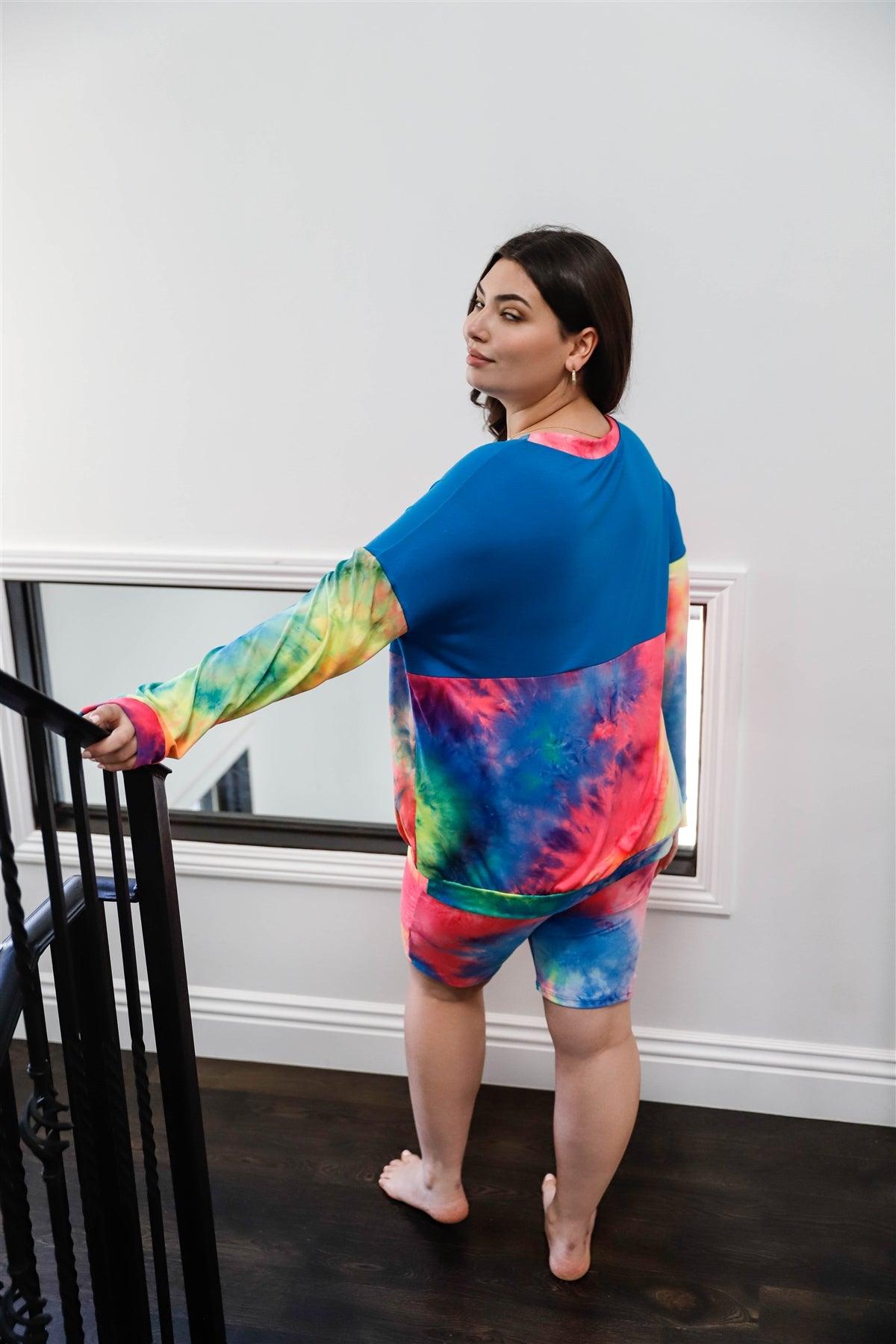 Junior Plus Blue Neon Rainbow Tie-Dye Colorblock Long Sleeve Top & Biker Shorts Set /1-1-1
