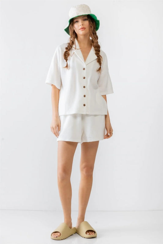 White Soft To Touch Button-Up Collared Neck Midi Sleeve Top & High Waist Shorts Set /2-2-2 - Tasha Apparel Wholesale